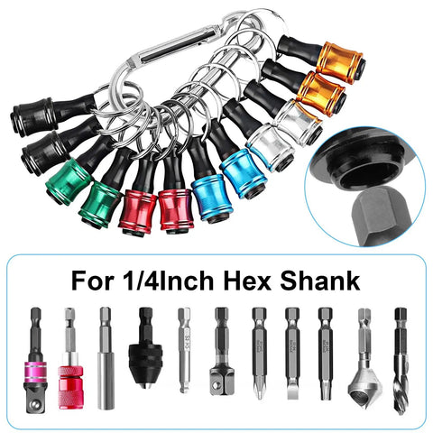 Portable One Quarter Inch Hex Shank Screwdriver Bits Holder Extension Bar Keychain, six colors, with quick change feature.
