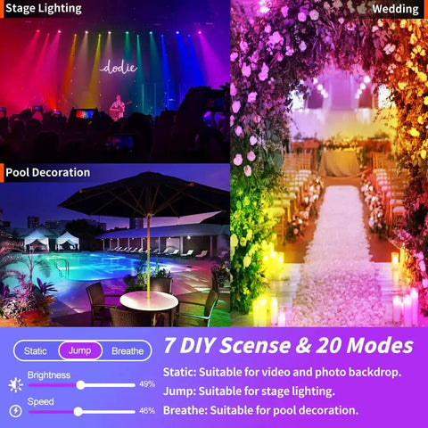 4 Pack RGB LED Flood Lights With Stake Outdoor Color Changing Party Lights 150W Equivalent Dimmable White Light 2700K 6500K RGB Uplighting For Events App Control Via Bluetooth used for stage lighting, weddings, and pool decoration with 7 DIY modes display.