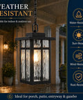 Top Shelf Black Outdoor Pendant Light For Porch With Water Ripple Glass Panels And Sleek Square Metal Frame Weatherproof Exterior Hanging Lantern Real Deal Farmhouse Glow Quick Setup in rain with glowing light.