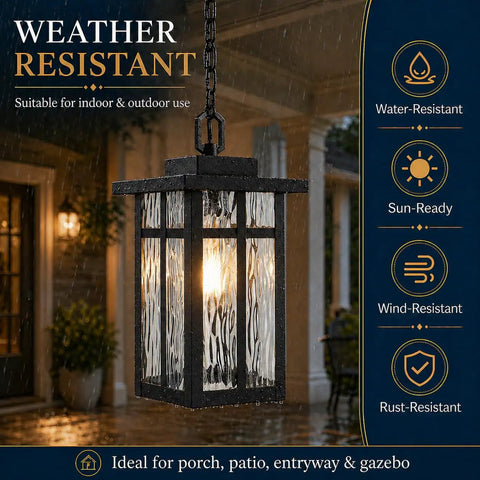 Top Shelf Black Outdoor Pendant Light For Porch With Water Ripple Glass Panels And Sleek Square Metal Frame Weatherproof Exterior Hanging Lantern Real Deal Farmhouse Glow Quick Setup in rain with glowing light.