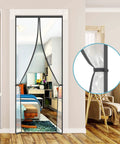 Transparent Magnetic Insulated Curtain for Screen Door in living room setting, ideal for keeping warm in and cool out.