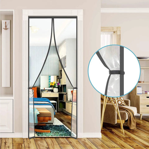 Transparent Magnetic Insulated Curtain for Screen Door in living room setting, ideal for keeping warm in and cool out.