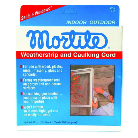 Packaging of Fingertip Caulking Cord 1/8 Inch By 90 Feet Grey for indoor outdoor use with image of application.