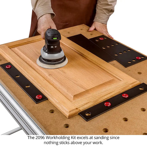 32 Piece Workholding Kit With Dog And Wedge Clamp Holdfast System For MFT Tables during sanding on wooden panel