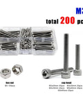 Hex Socket Bolt Nut Set 200 Pcs Stainless Steel Six Sizes Assortment Kit For Diy Projects Durable Fasteners With Precision Thread Design And Smooth Engagement. M3 bolts and nuts set in organizer, with cap head screws and hex nuts