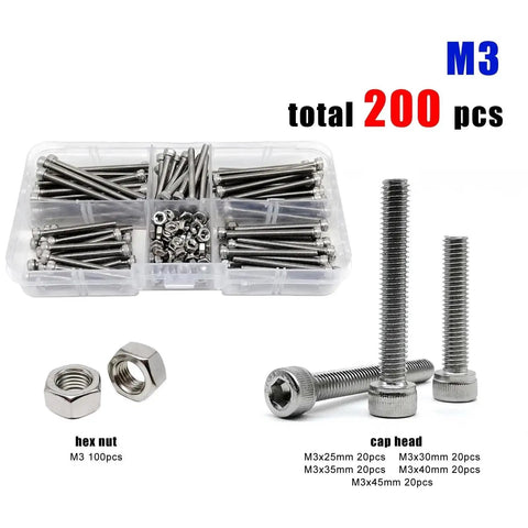 Hex Socket Bolt Nut Set 200 Pcs Stainless Steel Six Sizes Assortment Kit For Diy Projects Durable Fasteners With Precision Thread Design And Smooth Engagement. M3 bolts and nuts set in organizer, with cap head screws and hex nuts