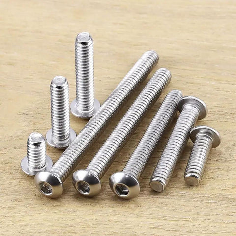 1/4-20 x 1 Button Head Socket Cap Screws In 304 Stainless Steel 18-8 With Bright Finish Allen Hex Drive Fully Machine Thread Pack Of 25 Heavy Duty Hardware For Auto Gear And DIY Projects. Screws arranged on wooden surface