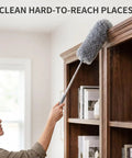 Woman using All In One 2 Pack Microfiber Feather Duster Set With Extendable Pole to clean top of bookshelf