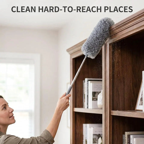 Woman using All In One 2 Pack Microfiber Feather Duster Set With Extendable Pole to clean top of bookshelf