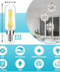 E12 Candelabra LED Bulbs 40W Equivalent 4000K Natural Daylight Dimmable Small Base Edison Bulbs with features and dimensions displayed