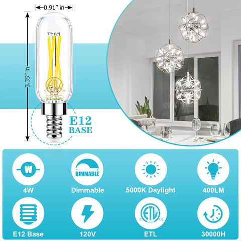 E12 Candelabra LED Bulbs 40W Equivalent 4000K Natural Daylight Dimmable Small Base Edison Bulbs with features and dimensions displayed