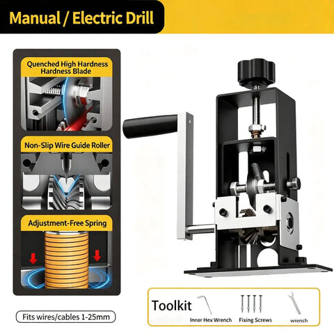 Gypsyfy Manual Wire Stripping Machine For Copper Cable Peeling showing adjustable blade and hand crank features.