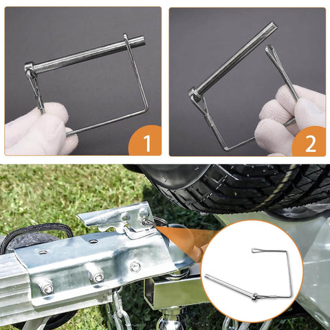 Heavy Duty Hitch Pin Clip Assortment Kit For Farm Tractors, Trailers, Trucks And Lawn Gear, featuring close-up and installed views