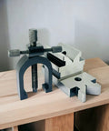Bluefox Angle V Block Tool With Clamp Set For Precision Milling Drilling on wooden surface, highlighting hardened steel build and details.