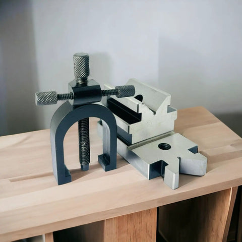 Bluefox Angle V Block Tool With Clamp Set For Precision Milling Drilling on wooden surface, highlighting hardened steel build and details.