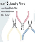 Three Piece Jewelry Pliers Set With Needle Nose Round Nose And Side Cutter For Beading Wire Wrapping Jump Rings And Jewelry Repair Ideal DIY Craft Tool Kit For Makers And Hobbyists featuring tri-color grips