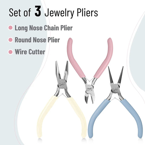 Three Piece Jewelry Pliers Set With Needle Nose Round Nose And Side Cutter For Beading Wire Wrapping Jump Rings And Jewelry Repair Ideal DIY Craft Tool Kit For Makers And Hobbyists featuring tri-color grips