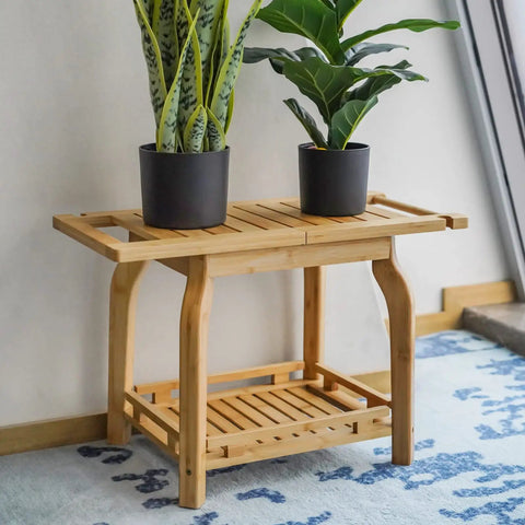 Two Tier Bamboo Shower Bench For In Shower Use 25 Inch Waterproof Bath Stool With Storage Shelf No Slip Feet Safe And Stable