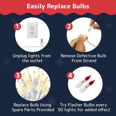 Steps to replace bulbs in Ultra Bright White Christmas Lights 100-Count, 20 Ft Clear Wire String Lights with images and instructions