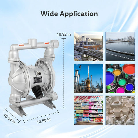 Front view of silver air-operated double-diaphragm pump with 1/2 in outlet and black knob.