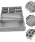 Essential Leather Jewelry Tray With Five Grid Layout For Earring Display Plate And Ring Holder Countertop Organizer showing five compartments and grey leather.
