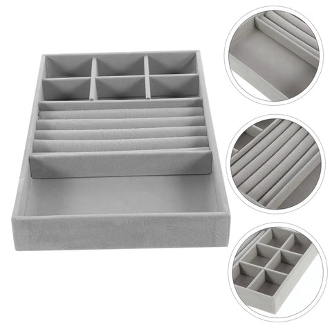 Essential Leather Jewelry Tray With Five Grid Layout For Earring Display Plate And Ring Holder Countertop Organizer showing five compartments and grey leather.