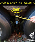Heavy Duty X Shaped RV Wheel Chock Stabilizer Kit with wrench installed between RV tires for anti-move stabilization