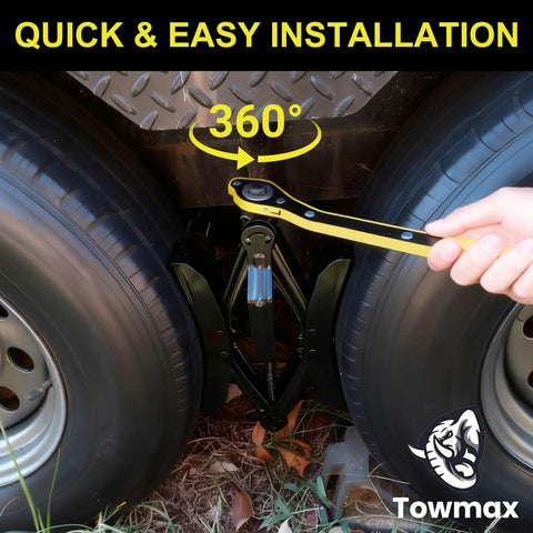 Heavy Duty X Shaped RV Wheel Chock Stabilizer Kit with wrench installed between RV tires for anti-move stabilization