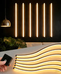 LED Recessed Lighting Kit for Slat Wall Panels, 6PCS Dimmable 3000K Warm White LED Strip Lights with Touch Switch on modern wall.