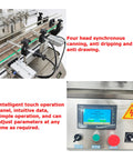 Top Shelf Automatic Pneumatic Filling Machine With Magnetic Pump And Four Head Desktop Setup showing touch operation panel and filling heads.