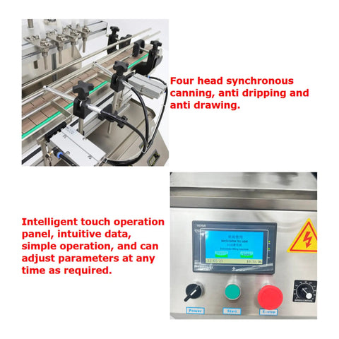 Top Shelf Automatic Pneumatic Filling Machine With Magnetic Pump And Four Head Desktop Setup showing touch operation panel and filling heads.