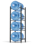 Four-tier Five Gallon Water Jug Holder Rack Built to Last Heavy Duty Steel in black with 3 jugs, space-saving storage organizer for kitchen or office.
