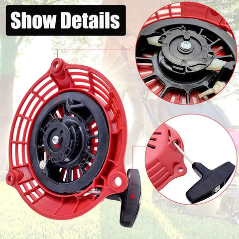 Detail view of pull start recoil starter for Honda GCV135 GCV160 engines fits EN2000 EN2500 generators, lawn mower, pressure washer parts.