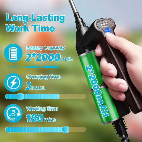 Person holding Electric Sprayer Wand With 31 Inch Telescoping Pole, 3 Adjustable Pressures, Battery Powered Garden Sprayer