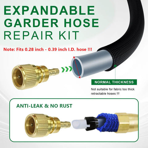 Image showing expandable garden hose repair kit with solid brass quick connect fittings 3/4 inch GHT female faucet adapter.