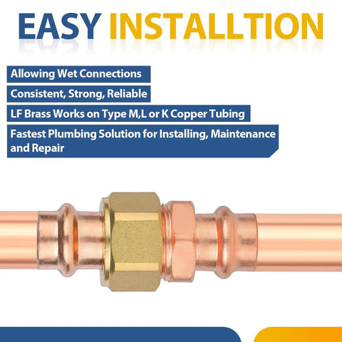 Pro-Grade 1 Inch Copper Press Union Fittings Lead Free Pack Of 30 Heavy Duty 300 PSI Copper Couplers for easy installation on copper tubing.