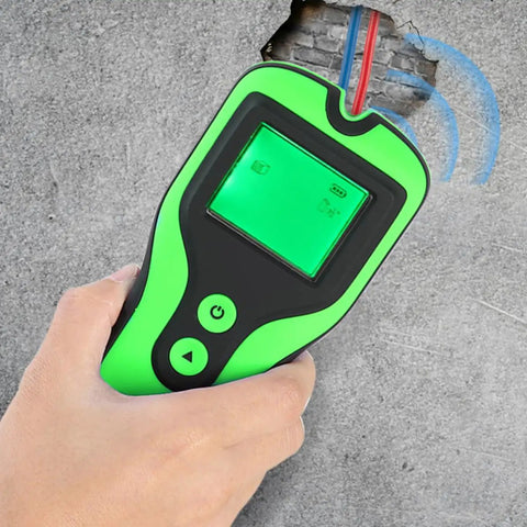 Electronic Wall Finder Detects Wood Metal Studs and Live Wire held in hand near wall showing LCD display.