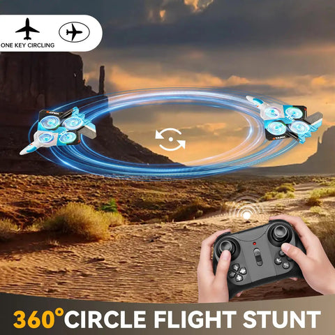 Foam RC planes with 1080P camera performing 360° circle flight stunt in desert landscape, remote controller in hand