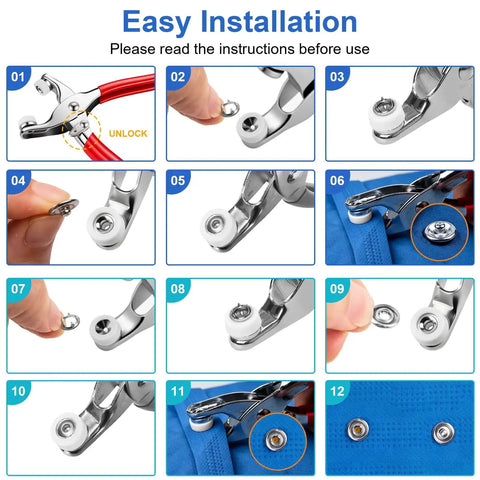 Step-by-step guide of 9.5mm Metal Snap Button Kit Set For Sewing And DIY Fashion Projects Pro Grade Snaps With Ergonomic Pliers