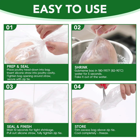 Clear 13x18 Inch Poultry Shrink Bags 100 Pack With 100 Zip Ties And Silicone Straw For Freezing, Marinating, Brining Chicken, Turkey And Rabbit Meat 5 To 14 Lbs., step-by-step use guide