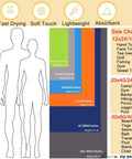 Size chart for Ultra Compact Microfiber Travel Towel For Gym Beach And Camping With dimensions and uses.