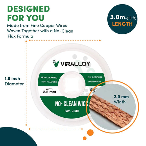 2.5mm X 10ft No-Clean Rosin Desoldering Wick For Electronics package showing 2.5mm width, 3.0m length, and copper braid detail