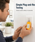 Man using Outlet Tester For North American AC Outlets Fast Wiring Diagnosis Detects Open Ground Reverse Polarity Open Hot Open Neutral Hot Ground Reversed And GFCI Functionality Test For Safe No Nonsense Quick Electrical Troubleshooting on a wall outlet