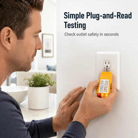 Man using Outlet Tester For North American AC Outlets Fast Wiring Diagnosis Detects Open Ground Reverse Polarity Open Hot Open Neutral Hot Ground Reversed And GFCI Functionality Test For Safe No Nonsense Quick Electrical Troubleshooting on a wall outlet