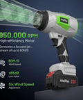 Ridiculously Lightweight Cordless Leaf Blower With 950000 RPM Power, showcasing its high-efficiency motor and 21V battery.