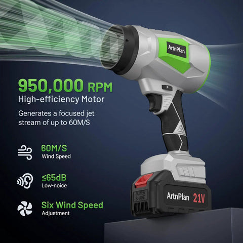 Ridiculously Lightweight Cordless Leaf Blower With 950000 RPM Power, showcasing its high-efficiency motor and 21V battery.
