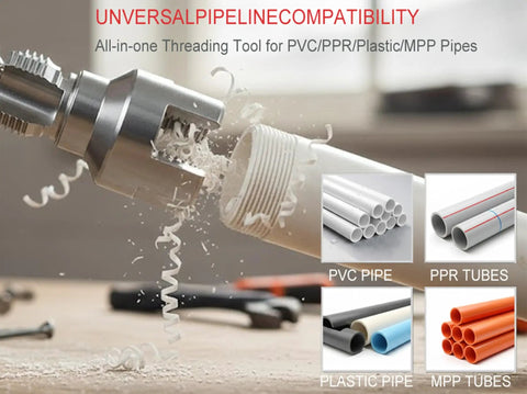 Judelvei 1 2 3 4 And 1 Inch Dual Function Pipe Threading Tool For Pvc Plastic Pipes Electric Drill Compatible Internal External Cutters cutting PVC pipe with shavings.