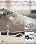 Judelvei 3 Piece Pipe Threader Kit For PVC Plastic Pipes Electric Drill compatible threading tool cutting into PVC pipe.