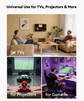 Living room setups with mounted TVs, projectors, and gaming areas using Four Pack Mini Black TV Cord Hiders Grommets With Drill Bit.