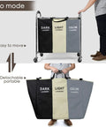 Rolling Laundry Cart With Wheels 240L 3 Section Hamper shown in wheeled and portable modes with dark, light, color labels